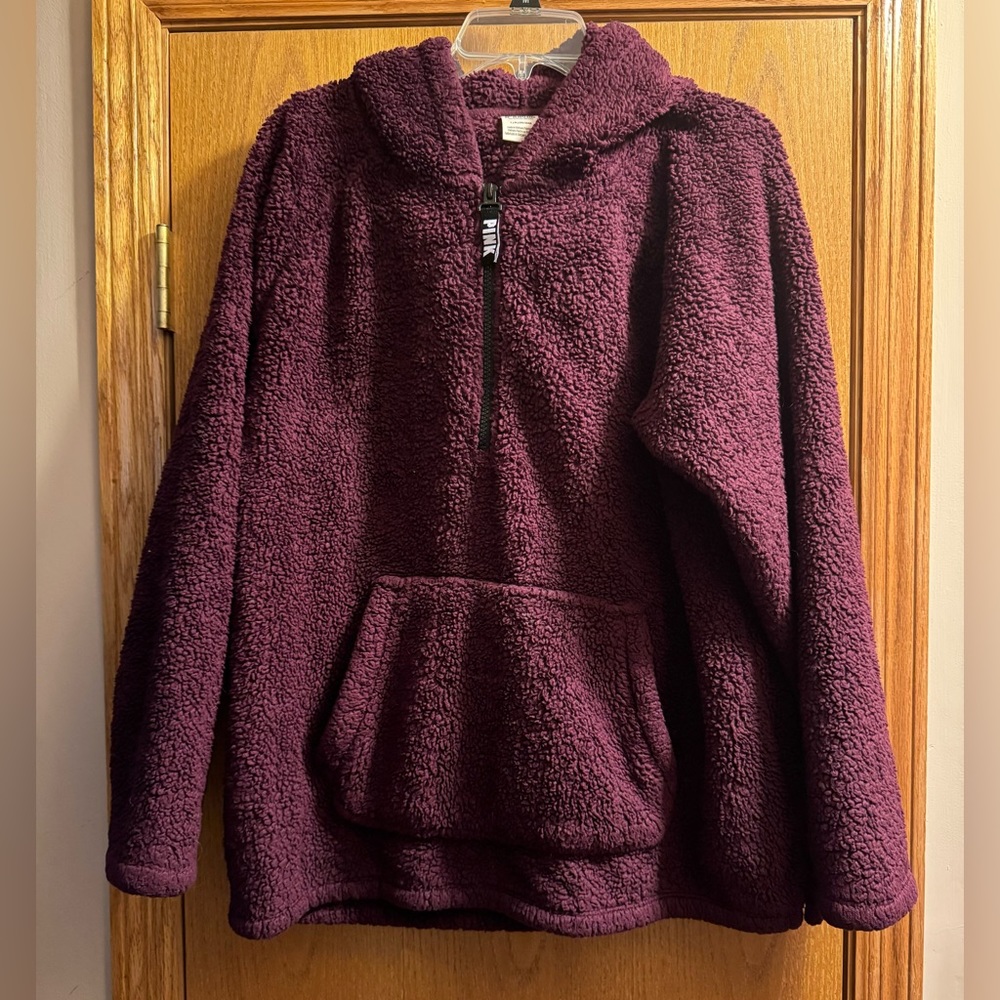 Women’s PINK 3/4 Zip Burgundy Hoodie Sweater. Kangaroo Pocket. Soft and Cozy.